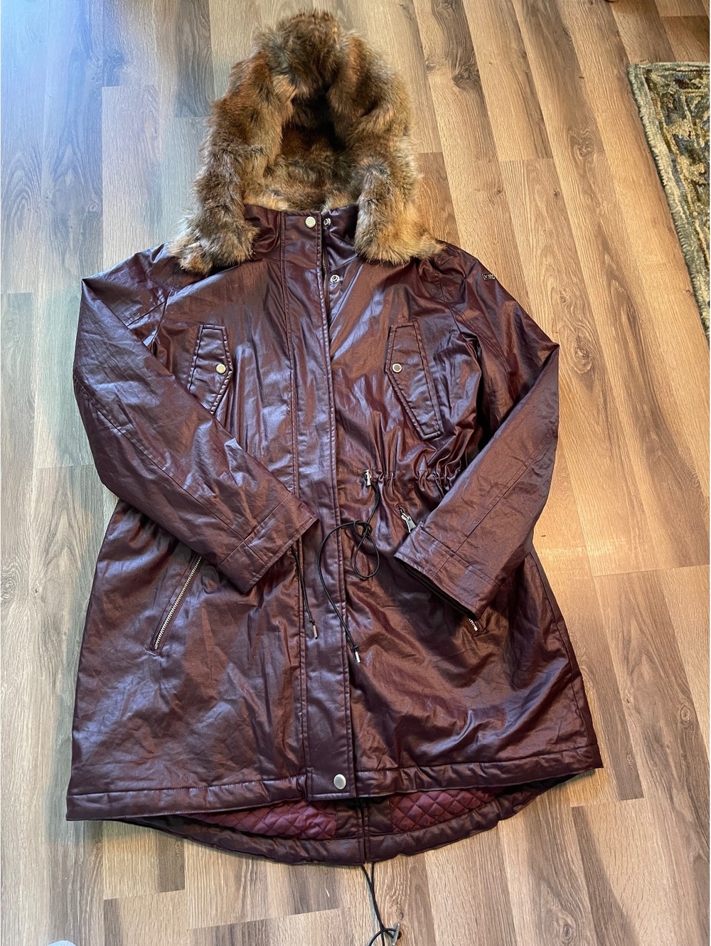 Marc NY Burgundy Faux Leather Parka with Faux Fur Hood Trim